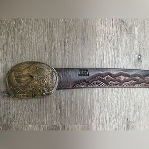 HANDMADE tooled leather belt with eagle nature design bronze buckle 46”
